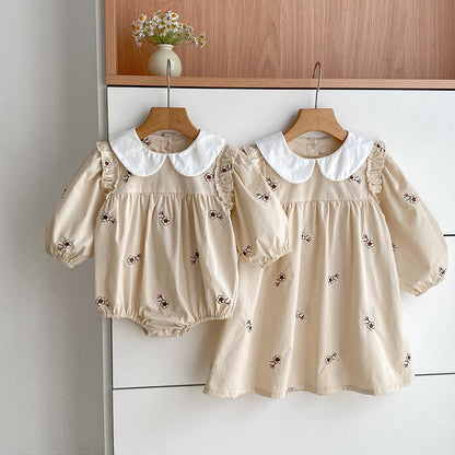 Autumn Arrival Baby Girls French-style Floral Pattern Long-sleeved Onesies and Dress – Princess Sister Matching Set-0