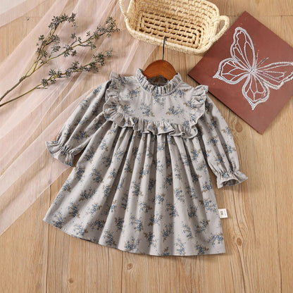 Autumn Arrival Baby Kids Girls Floral Pattern Long Sleeves Ruffle Neck Dress-0