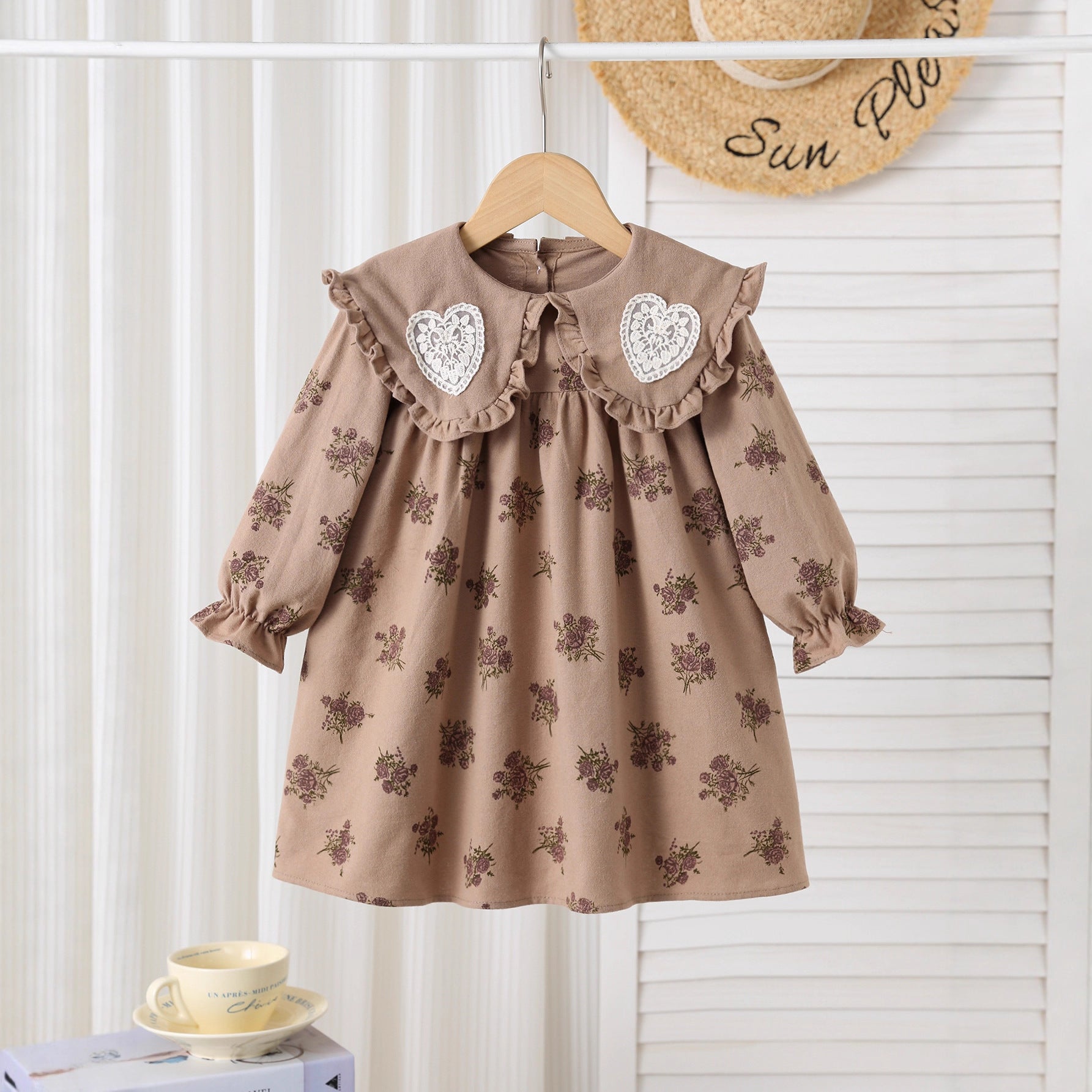 Autumn Arrival Baby Kids Girls Floral Pattern Long Sleeves Dress with Embroidered Collar-0