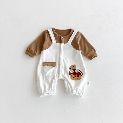 Autumn Arrival Baby Unisex Long Sleeves Cartoon Pattern Color Patchwork Rompers-0