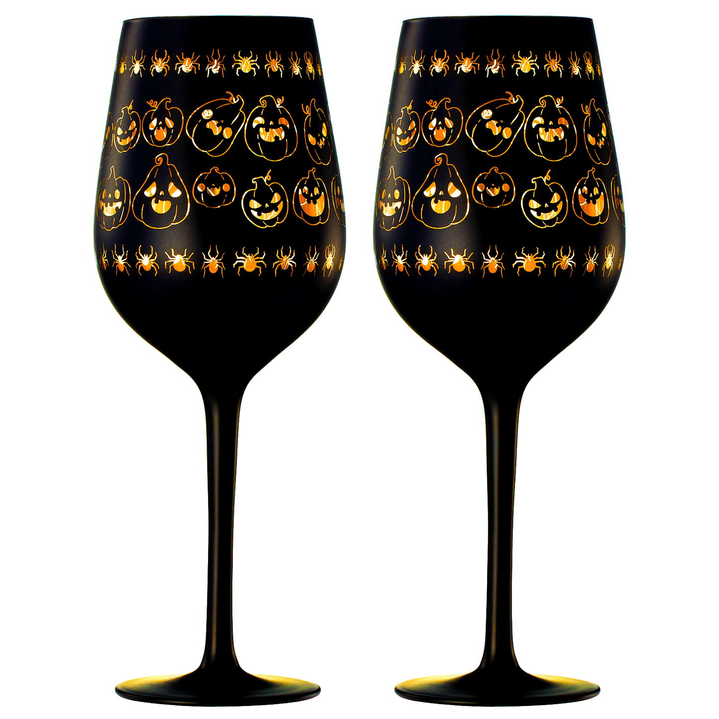 Crystal Halloween Stemmed Wine Glasses - Set of 2 - Pumpkin Themed Vibrant Black & Gold Spooky Ghost Pattern Frosted Glass, Perfect for Themed Gothic Parties Trick Or Treat Gifts for Him Her (14 OZ)-0