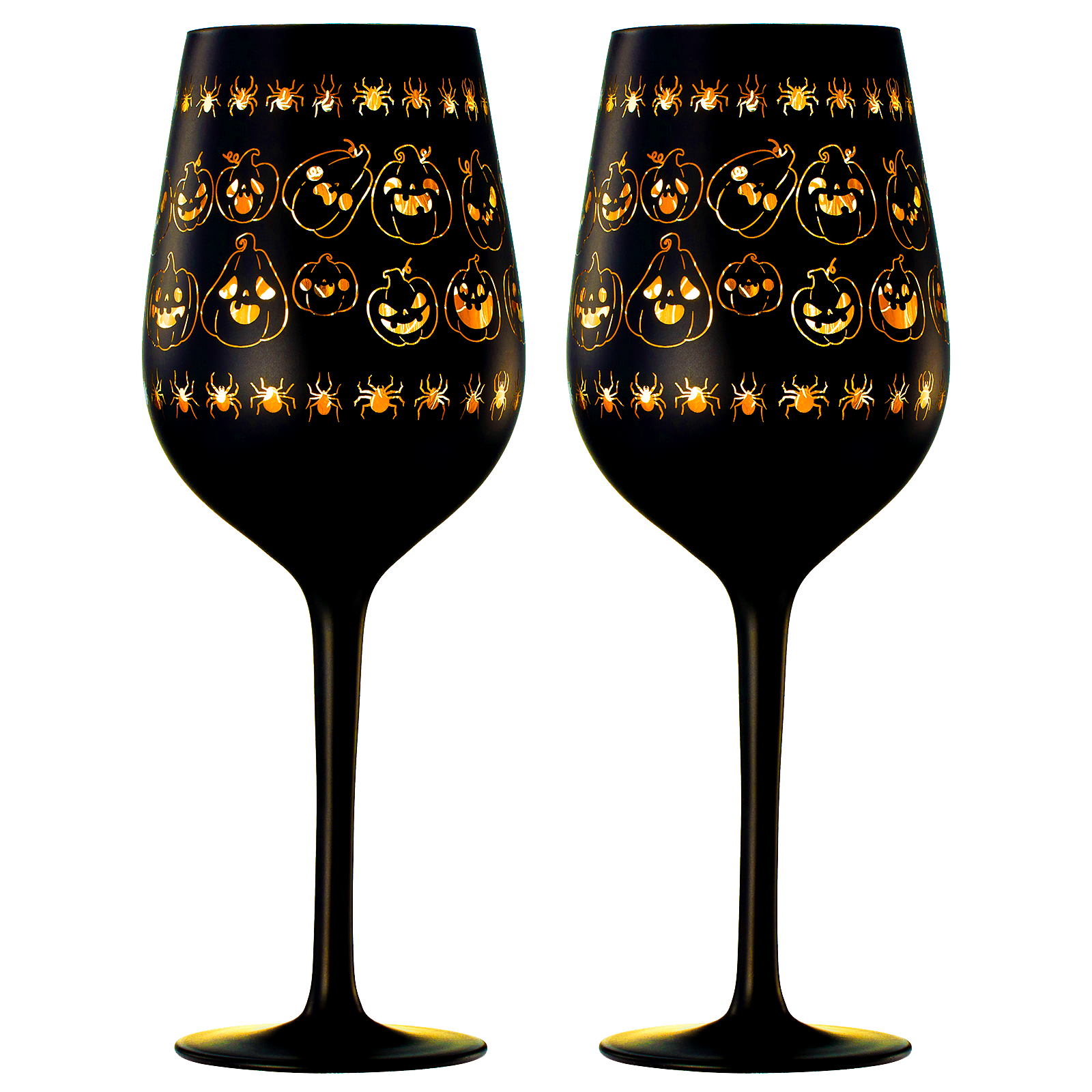 Crystal Halloween Stemmed Wine Glasses - Set of 2 - Pumpkin Themed Vibrant Black & Gold Spooky Ghost Pattern Frosted Glass, Perfect for Themed Gothic Parties Trick Or Treat Gifts for Him Her (14 OZ)-0