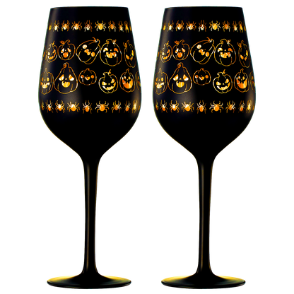 Crystal Halloween Stemmed Wine Glasses - Set of 2 - Pumpkin Themed Vibrant Black & Gold Spooky Ghost Pattern Frosted Glass, Perfect for Themed Gothic Parties Trick Or Treat Gifts for Him Her (14 OZ)-0