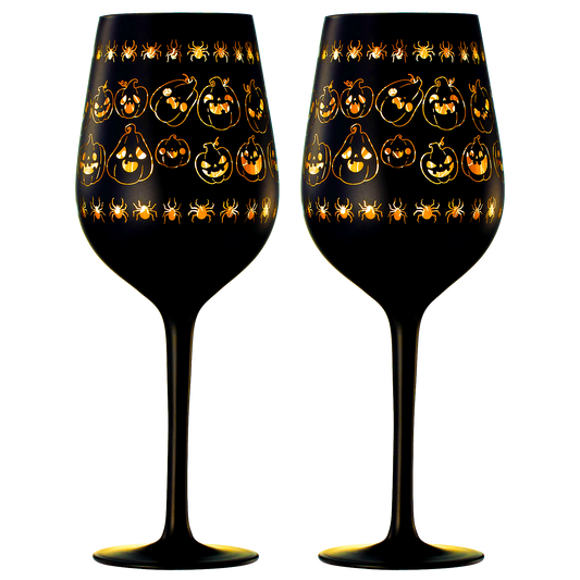 Crystal Halloween Stemmed Wine Glasses - Set of 2 - Pumpkin Themed Vibrant Black & Gold Spooky Ghost Pattern Frosted Glass, Perfect for Themed Gothic Parties Trick Or Treat Gifts for Him Her (14 OZ)-0