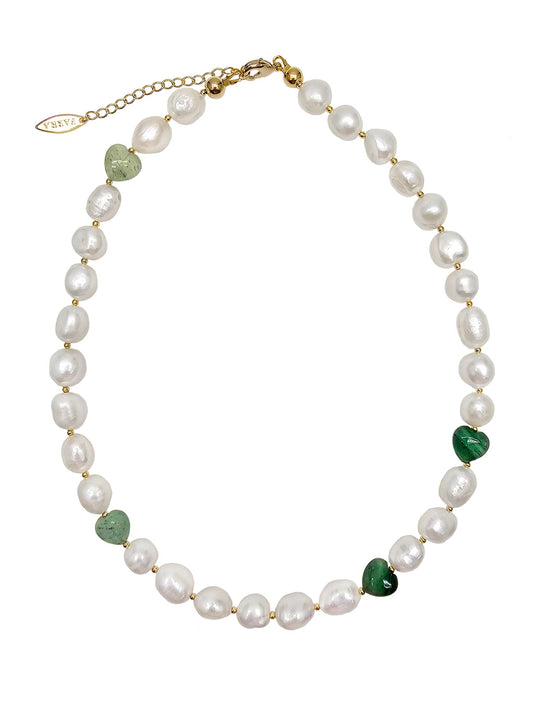 Irregular Freshwater Pearls With Heart Shaped Green Aventurine Necklace PN064-0