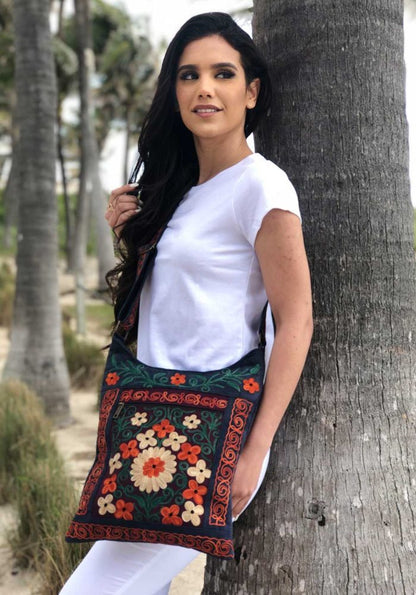 Handmade Green and Lemon Suede Embroidered Llama Bag-0