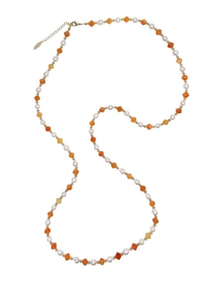 Freshwater Pearls With Orange Jade Long Necklace PN048-0