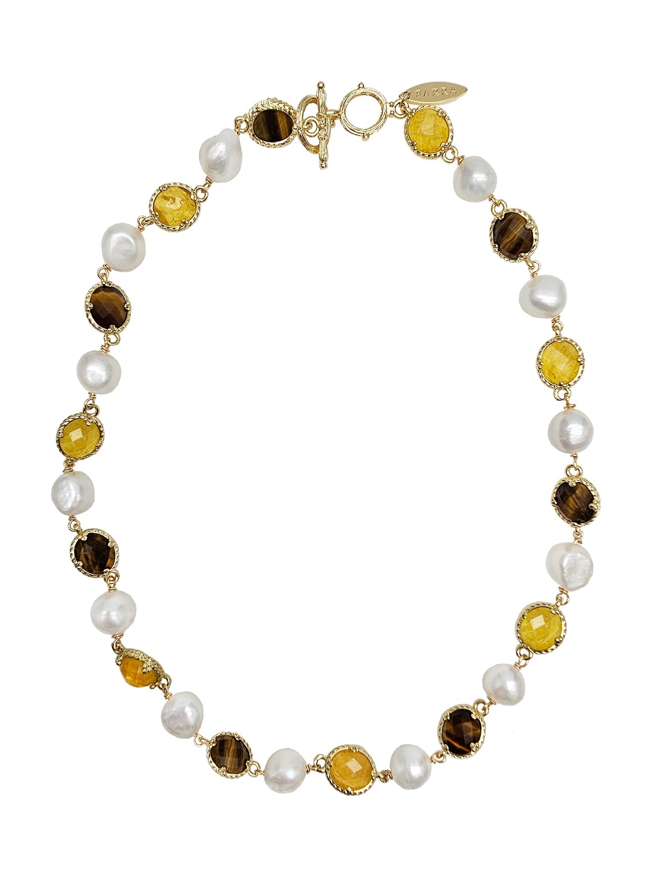 Irregular Freshwater Pearls With Yellow Quartz And Tiger-eye Stone Necklace PN055-0