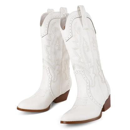 AOSPHIRAYLIAN White Cowboy Boots for Women Embroidered Cowgirl Boots Pointed Toe Womens Western Boots Chunky Heel Mid Calf Fashion Winter Fall Boots Ladies Dressy Shoes