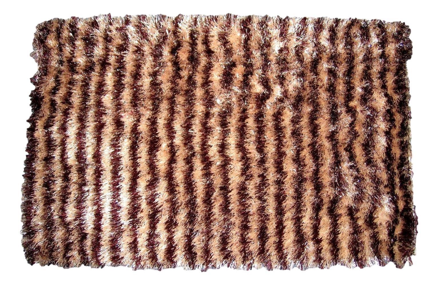DaDa Bedding Shaggy Soft Door Mat Carpet Rug - 20" x 32" Striped Shiny Coffee Light Beige / Dark Brown-0