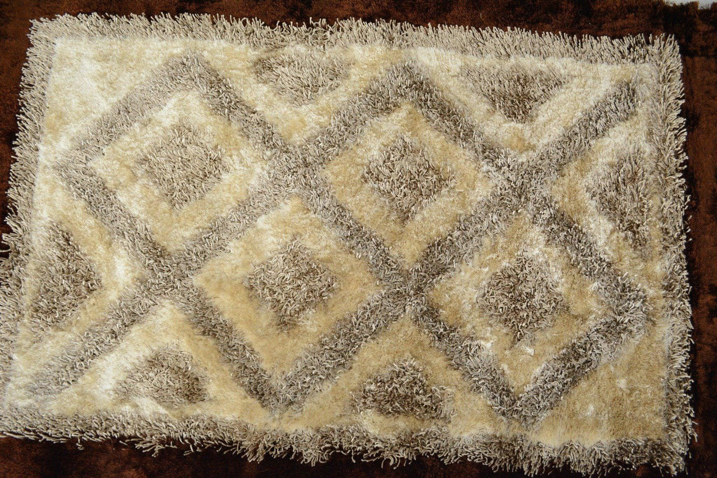 DaDa Bedding Shaggy Soft Viscose Champagne Brown Geometric Diamond Large Area Carpet Rug-2