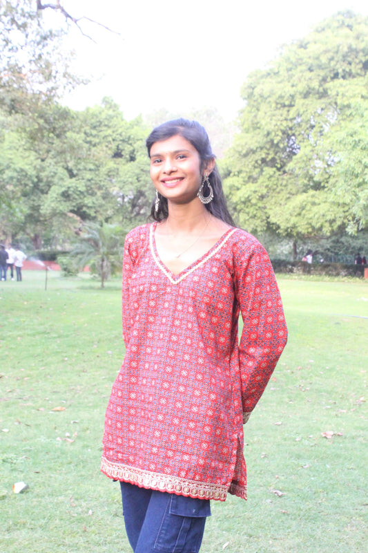Rust Red Ajrak Elegance Kurti-0