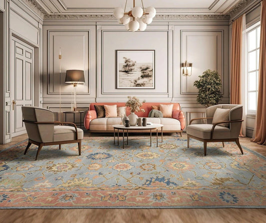 Multi Sizes Blue, Peach LoomBloom Turkish Oushak Hand Knotted 100% Wool Traditional Oriental Area Rug-0