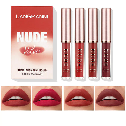 LANGMANNI Matte Liquid Lipstick Makeup Set Velvety Liquid Lipstick Long Lasting Durable Nude Lip Gloss Beauty Cosmetics Set for Girls and Women (4 Pcs set C)