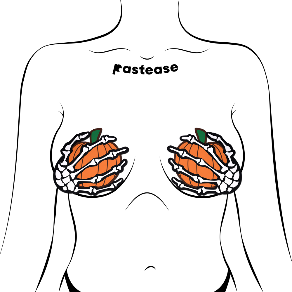 5-Pack: White Boney Skeleton Hands Holding Orange Halloween Pumpkins Breast Pasties by Pastease®-1