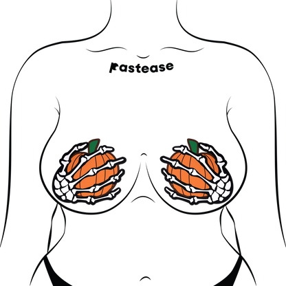 5-Pack: White Boney Skeleton Hands Holding Orange Halloween Pumpkins Breast Pasties by Pastease®-2