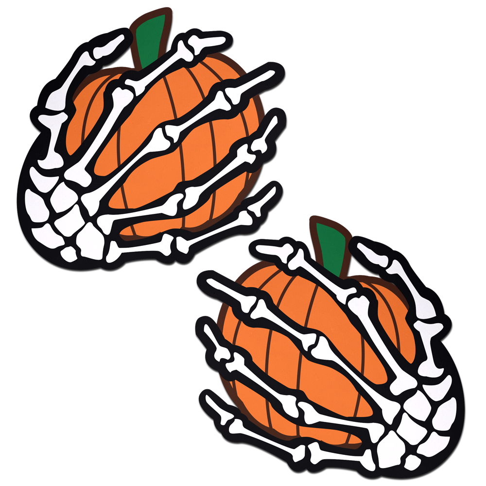5-Pack: White Boney Skeleton Hands Holding Orange Halloween Pumpkins Breast Pasties by Pastease®-0