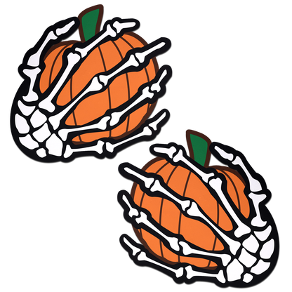 5-Pack: White Boney Skeleton Hands Holding Orange Halloween Pumpkins Breast Pasties by Pastease®-0
