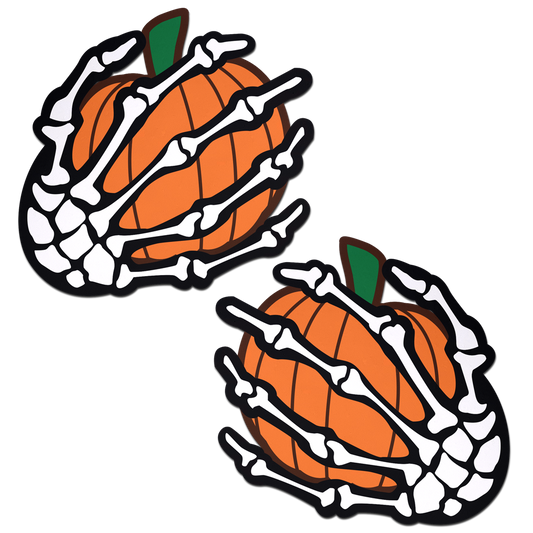 5-Pack: White Boney Skeleton Hands Holding Orange Halloween Pumpkins Breast Pasties by Pastease®-0