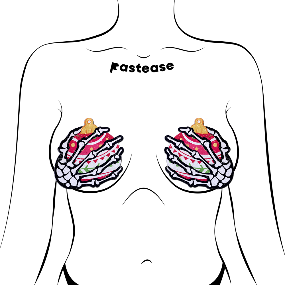 5-Pack: White Boney Skeleton Hands Holding Christmas Holiday Ornament Breast Pasties by Pastease®-1