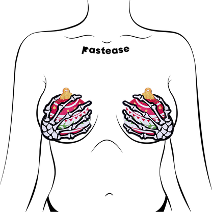 5-Pack: White Boney Skeleton Hands Holding Christmas Holiday Ornament Breast Pasties by Pastease®-1