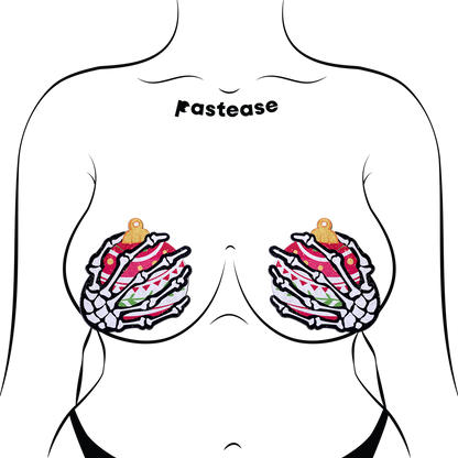 5-Pack: White Boney Skeleton Hands Holding Christmas Holiday Ornament Breast Pasties by Pastease®-2