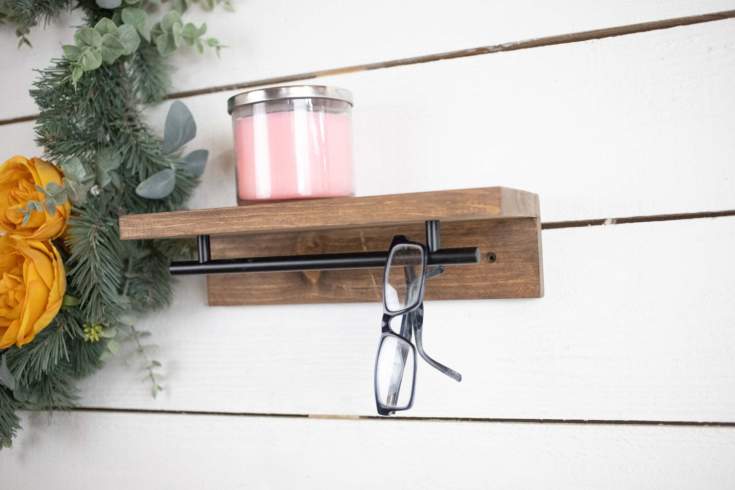 Floating Solid Wood Shelf with Metal Rail, Easy Install Minimalist Shelf with Towel Bar-1