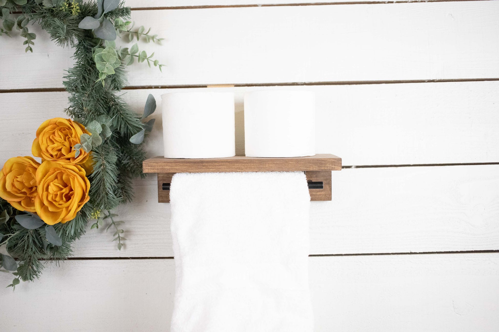 Floating Solid Wood Shelf with Metal Rail, Easy Install Minimalist Shelf with Towel Bar-2