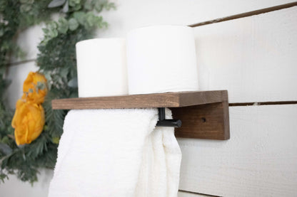 Floating Solid Wood Shelf with Metal Rail, Easy Install Minimalist Shelf with Towel Bar-4