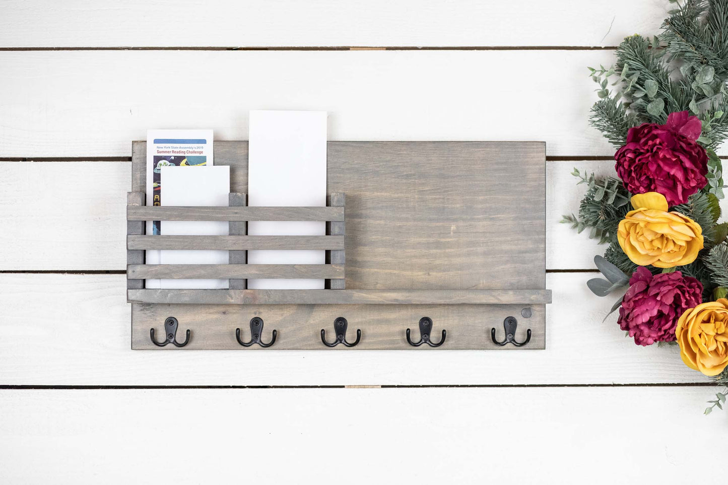 Easy Install Wall Mounted Entryway Organizer, Solid Wood Mail and Key Holder with Shelf-0