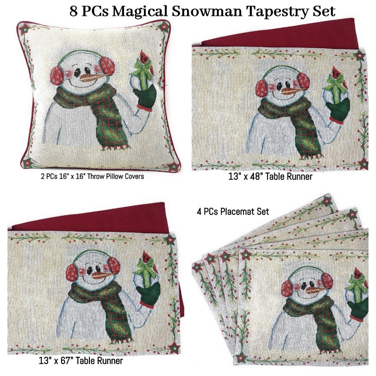 DaDa Bedding Set of 8 Pieces Magical Snowman Holiday Table Tapestry - 4 Placemats, 2 Table Runners, 2 Throw Pillow Covers (9733)-0