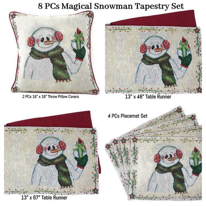 DaDa Bedding Set of 8 Pieces Magical Snowman Holiday Table Tapestry - 4 Placemats, 2 Table Runners, 2 Throw Pillow Covers (9733)-0