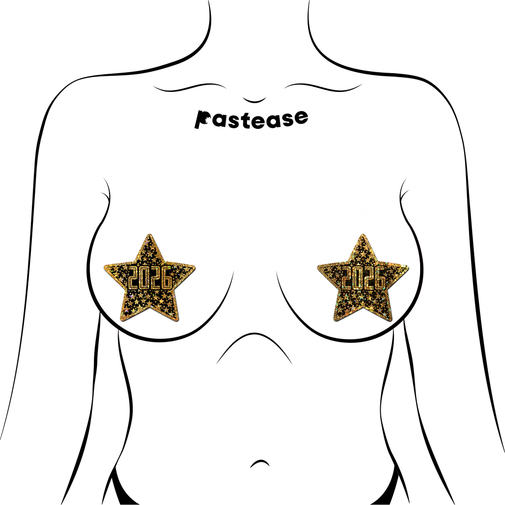 5-Pack: Happy New Year Pasties 2026 Black & Gold Star Nipple Covers by Pastease-1