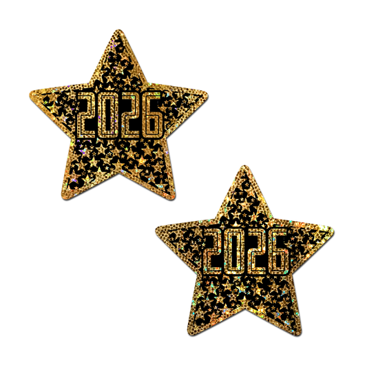 5-Pack: Happy New Year Pasties 2026 Black & Gold Star Nipple Covers by Pastease-0