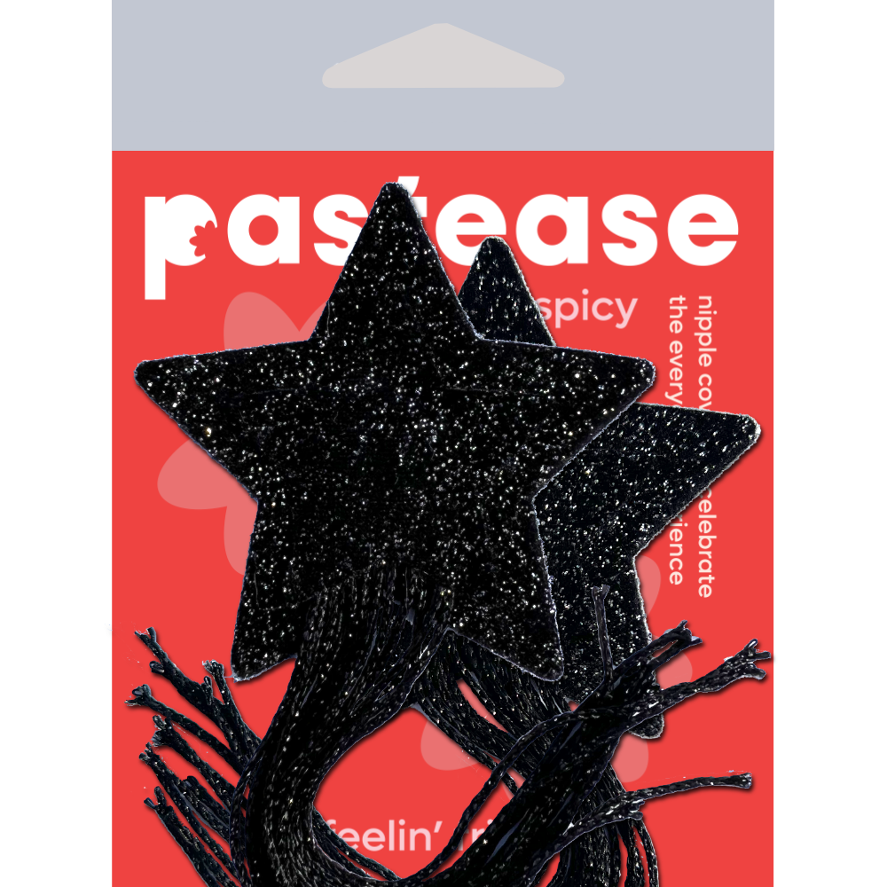5-Pack: Tassel Pasties: Black Sparkle Star Pastease with Long Fringe Nipple Pasties by Pastease® o/s-1