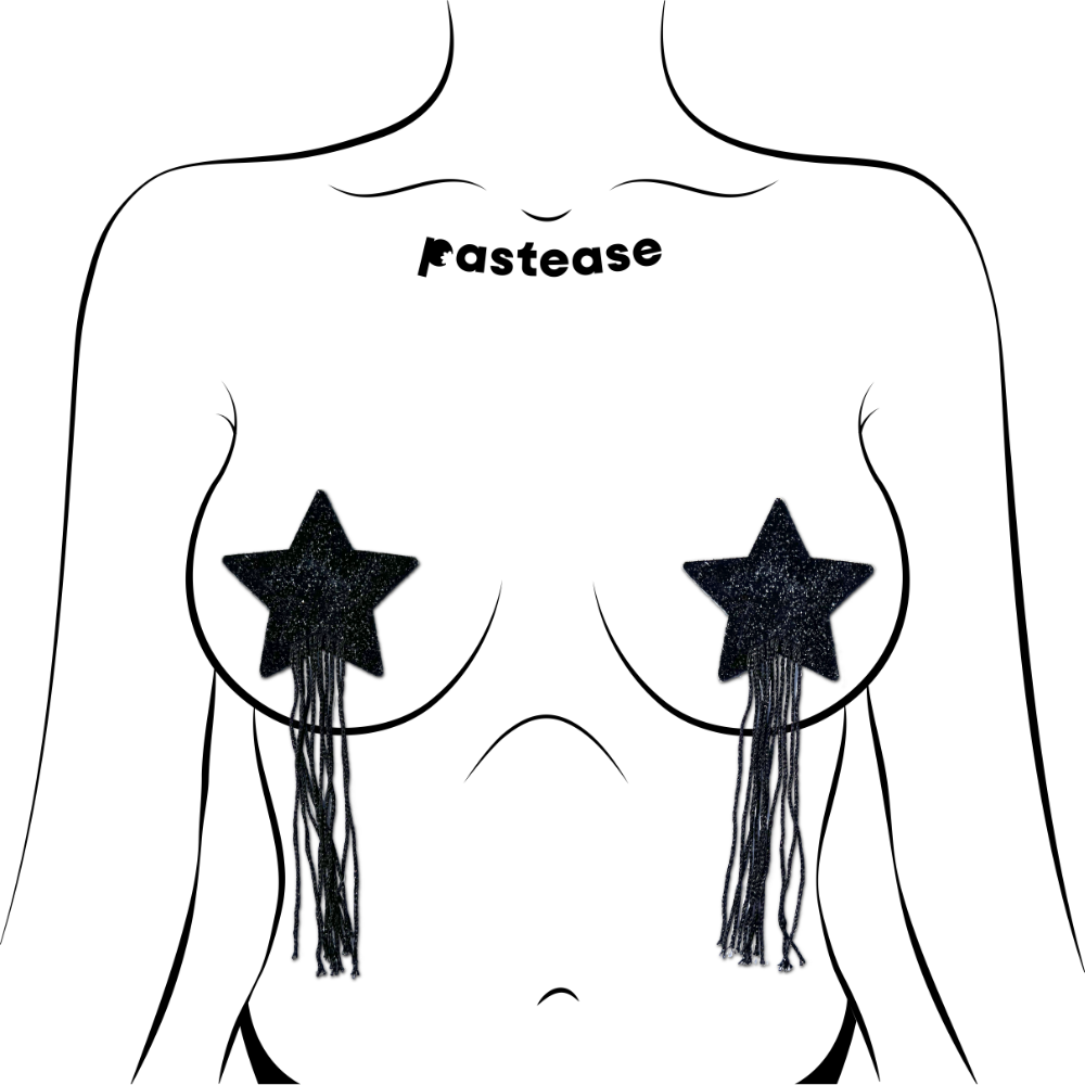 5-Pack: Tassel Pasties: Black Sparkle Star Pastease with Long Fringe Nipple Pasties by Pastease® o/s-2