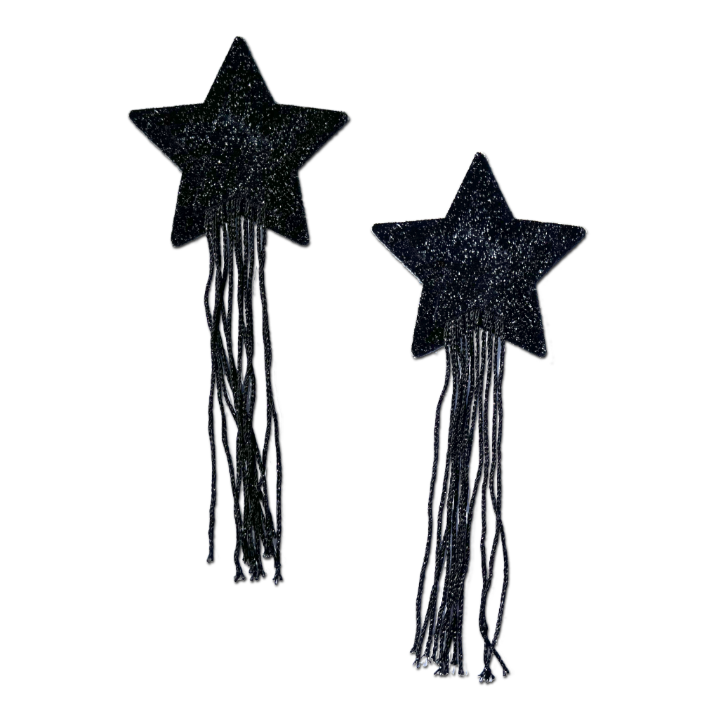 5-Pack: Tassel Pasties: Black Sparkle Star Pastease with Long Fringe Nipple Pasties by Pastease® o/s-0