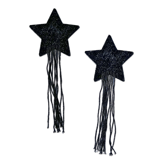 5-Pack: Tassel Pasties: Black Sparkle Star Pastease with Long Fringe Nipple Pasties by Pastease® o/s-0