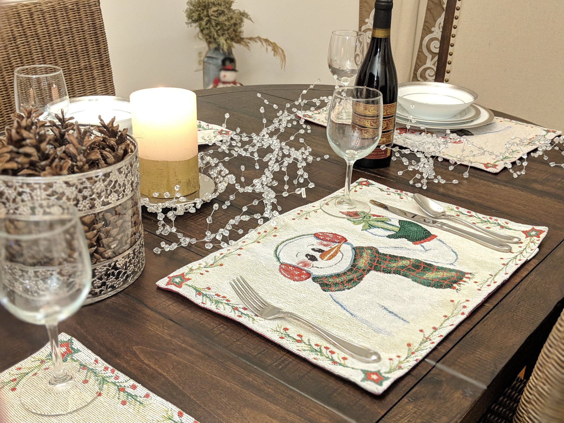 DaDa Bedding Set of 8 Pieces Magical Snowman Holiday Table Tapestry - 4 Placemats, 2 Table Runners, 2 Throw Pillow Covers (9733)-2