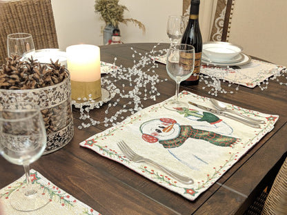 DaDa Bedding Set of 8 Pieces Magical Snowman Holiday Table Tapestry - 4 Placemats, 2 Table Runners, 2 Throw Pillow Covers (9733)-2