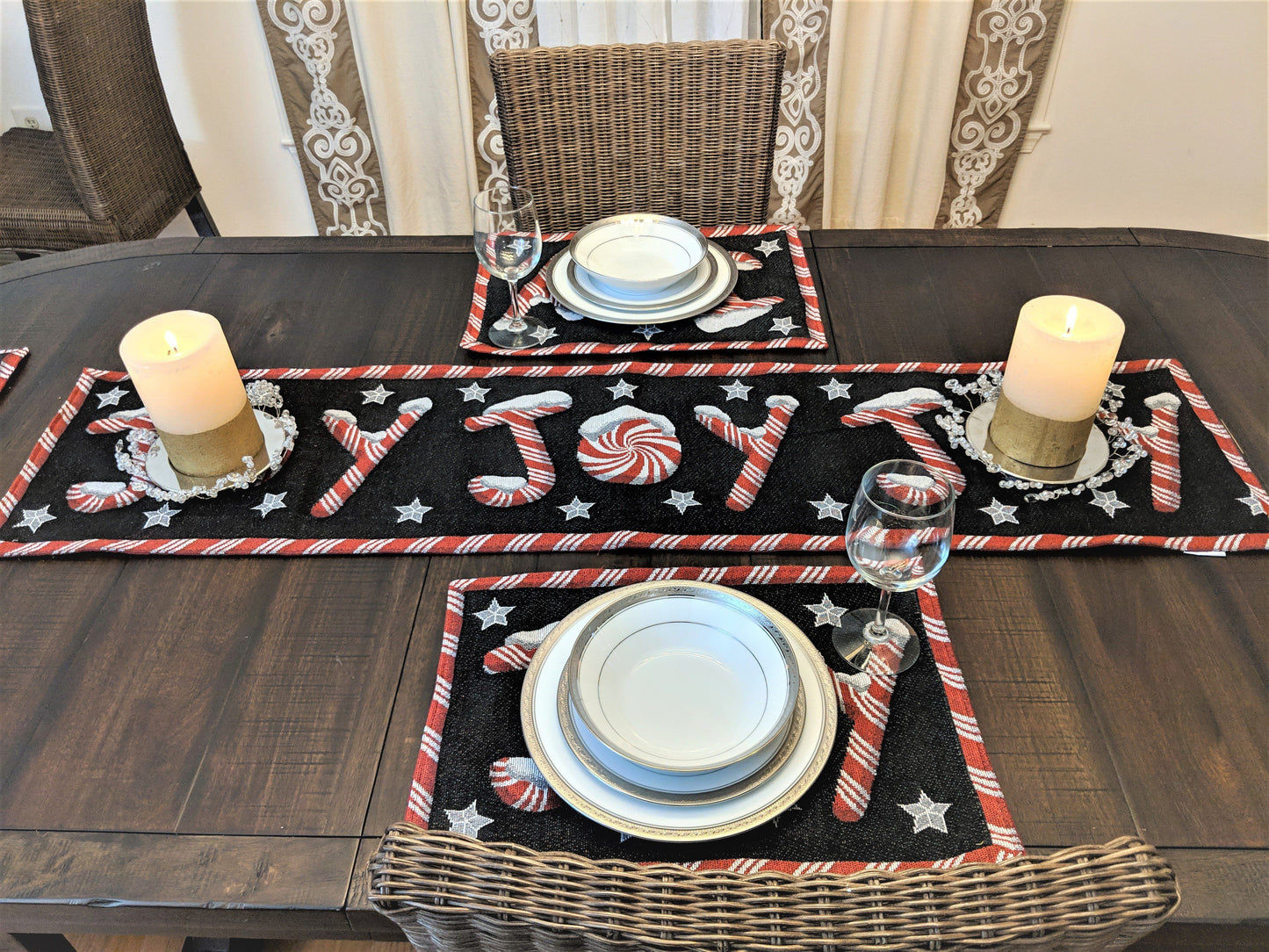 DaDa Bedding Set of 8 Pieces Peppermint Joy Holiday Table Tapestry - 4 Placemats, 2 Table Runners, 2 Throw Pillow Covers (12904)-2