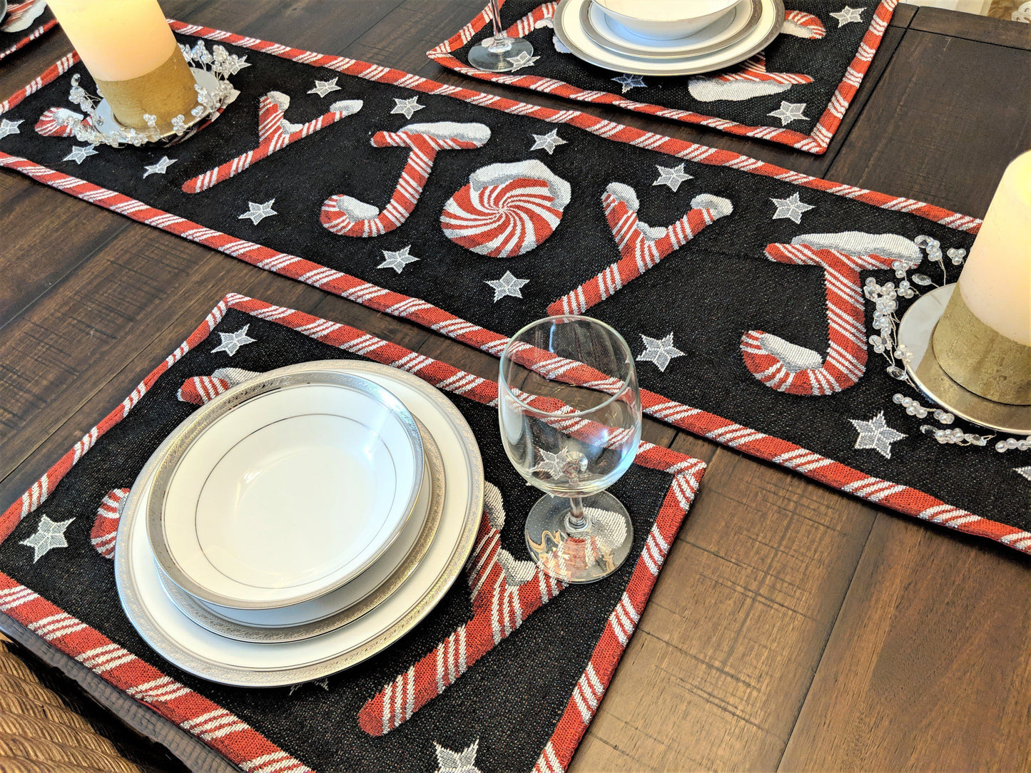 DaDa Bedding Set of 8 Pieces Peppermint Joy Holiday Table Tapestry - 4 Placemats, 2 Table Runners, 2 Throw Pillow Covers (12904)-3