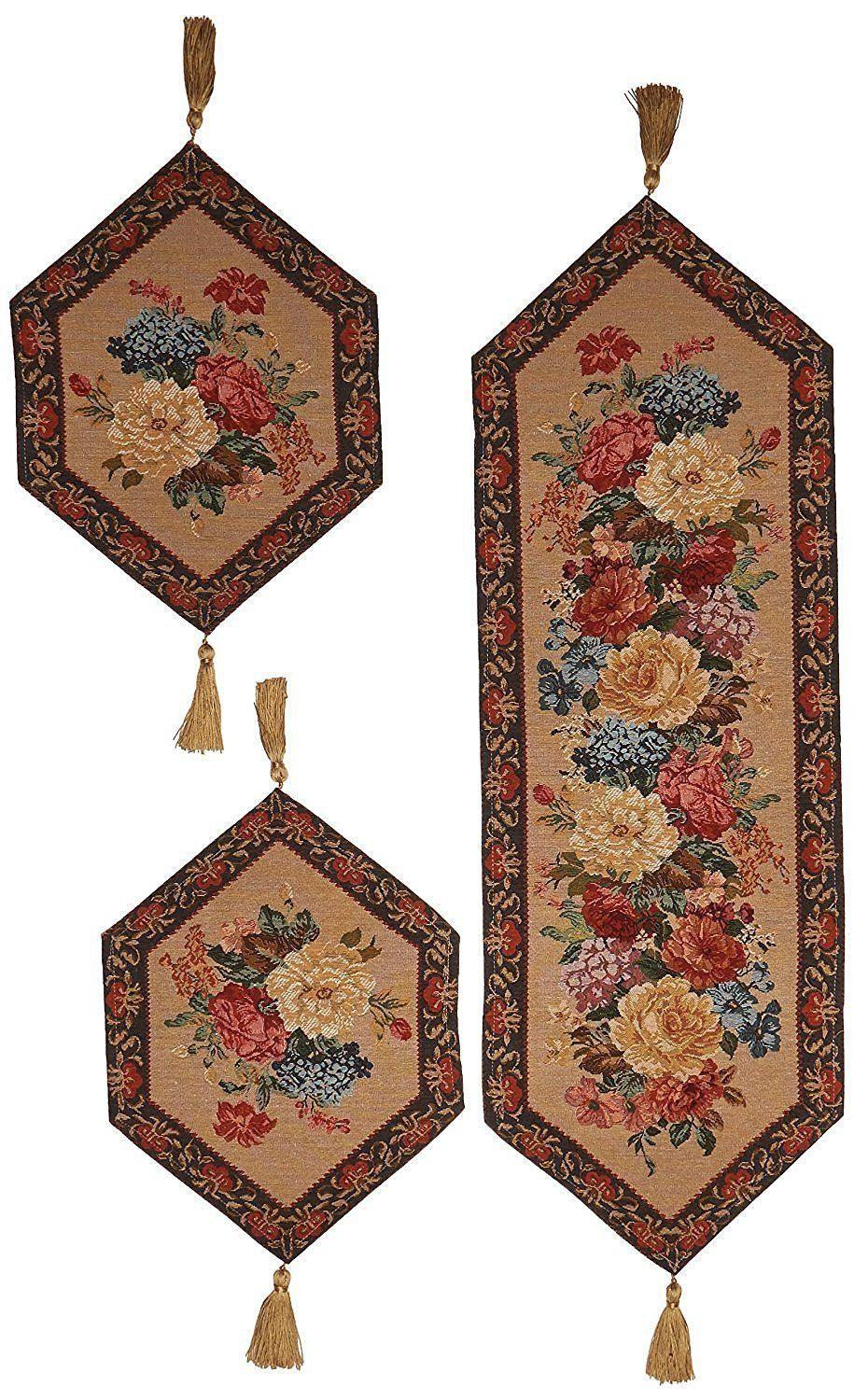 DaDa Bedding Set of 3-Pieces - Breath of Spring Floral Beige Woven Dining Tapestry Table Runners (3089)-0
