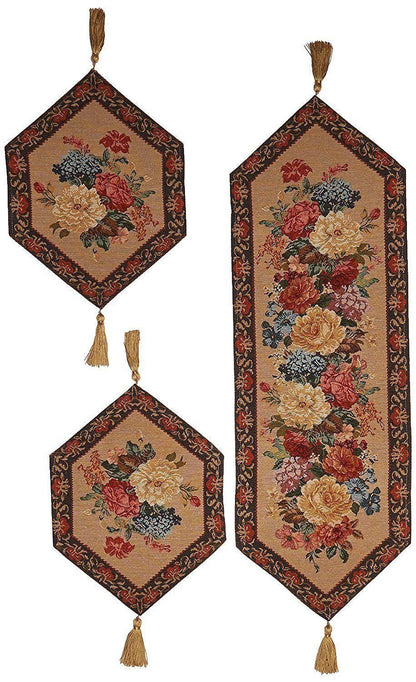 DaDa Bedding Set of 3-Pieces - Breath of Spring Floral Beige Woven Dining Tapestry Table Runners (3089)-0