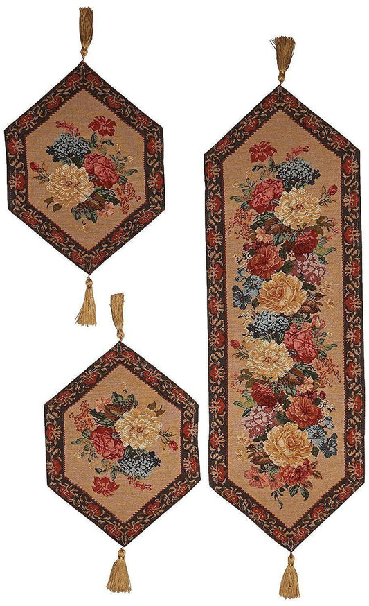 DaDa Bedding Set of 3-Pieces - Breath of Spring Floral Beige Woven Dining Tapestry Table Runners (3089)-0