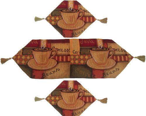 DaDa Bedding Set of 3-Pieces - Smell of Coffee Café Cup Orange Brown Woven Tapestry Dining Table Runners (9912)-0
