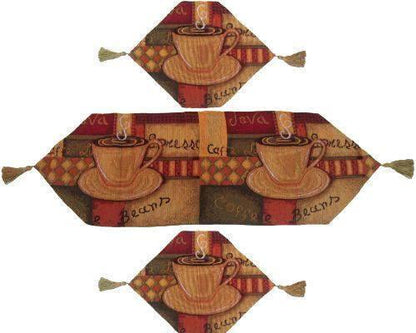 DaDa Bedding Set of 3-Pieces - Smell of Coffee Café Cup Orange Brown Woven Tapestry Dining Table Runners (9912)-0