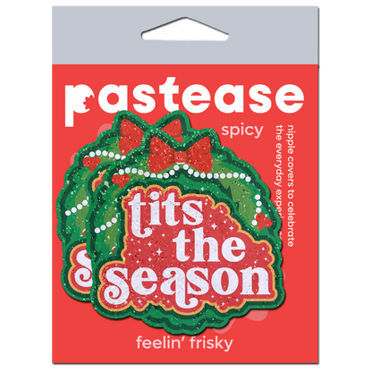 5-Pack: Tits the Season Holiday Green Wreath on Glittery Velvet Breast Pasties by Pastease®-4