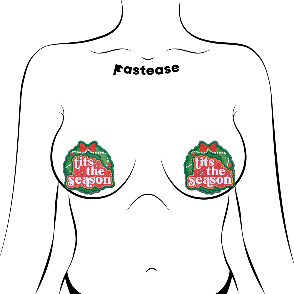 5-Pack: Tits the Season Holiday Green Wreath on Glittery Velvet Breast Pasties by Pastease®-1