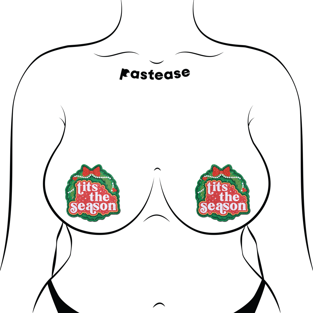 5-Pack: Tits the Season Holiday Green Wreath on Glittery Velvet Breast Pasties by Pastease®-2